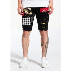 Embellish NYC Men's Patchwork Paint Splatter Distressed Skinny Denim Jean Shorts
